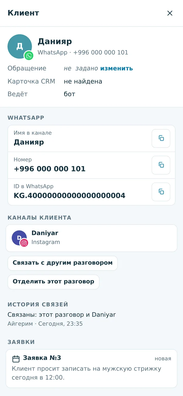 Ollie на телефоне: в карточке клиента связаны его разговоры в WhatsApp и Instagram